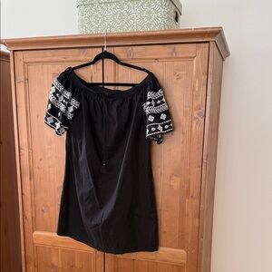 Black Off-Shoulder linen dress with White Embroidery